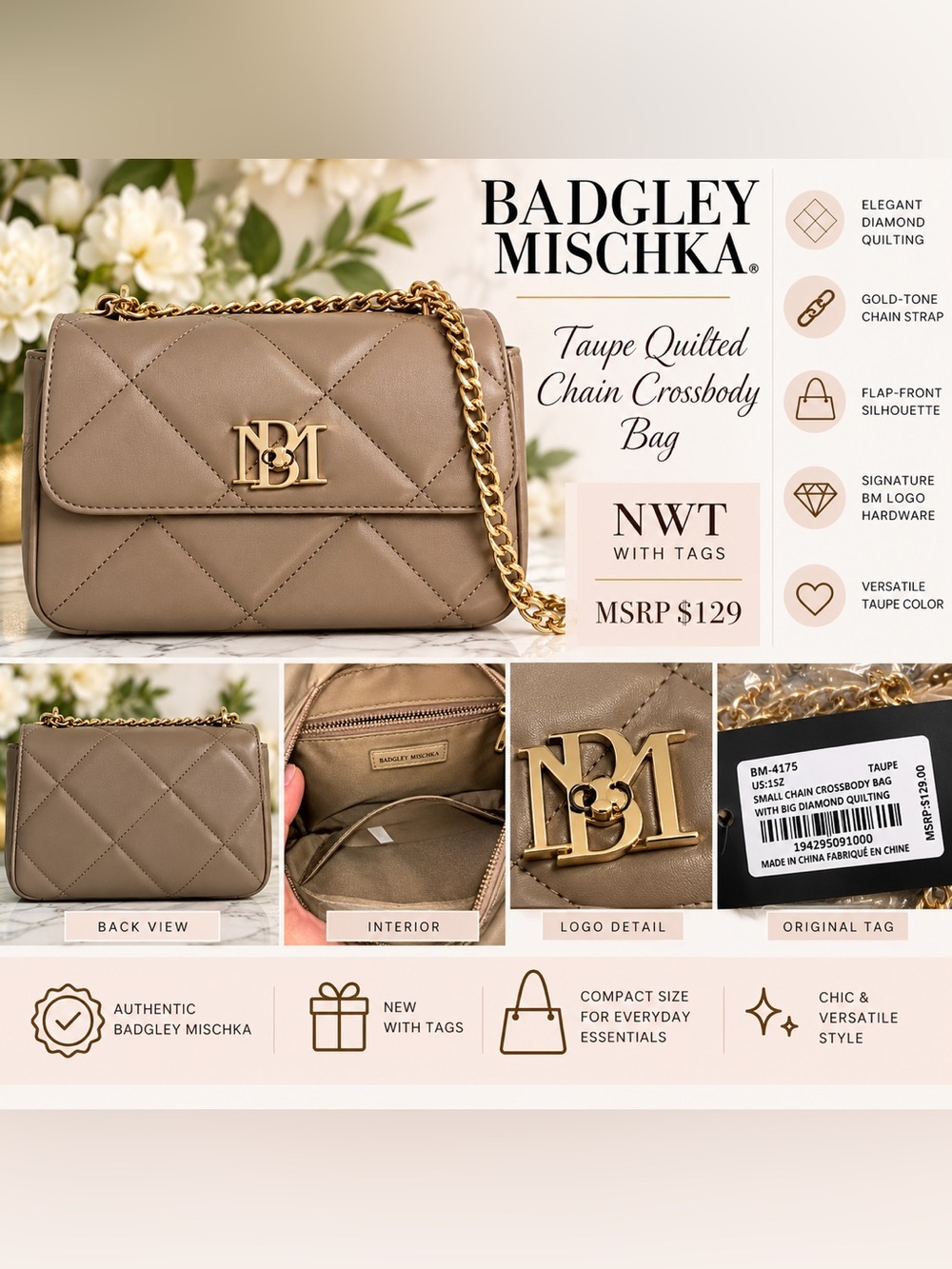 NWT Badgley Mischka Taupe Diamond Quilted Chain Crossbody Bag